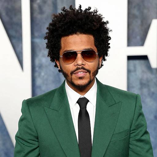 Photograph of a stylish Black man with curly hair, wearing a green suit, white shirt, black tie, and brown aviator sunglasses, against a