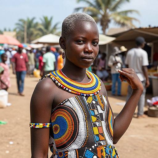 Photograph of a young African woman with dark skin, wearing colorful, beaded traditional attire, standing in a bustling outdoor market with palm trees in the