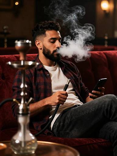 Relaxed Man Smoking Shisha in Lounge