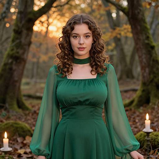 Woman in Green Dress at Sunset Forest