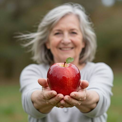Photograph of a smiling elderly woman with gray hair, wearing a white shirt, extending her hand to offer a shiny red apple with a green stem.