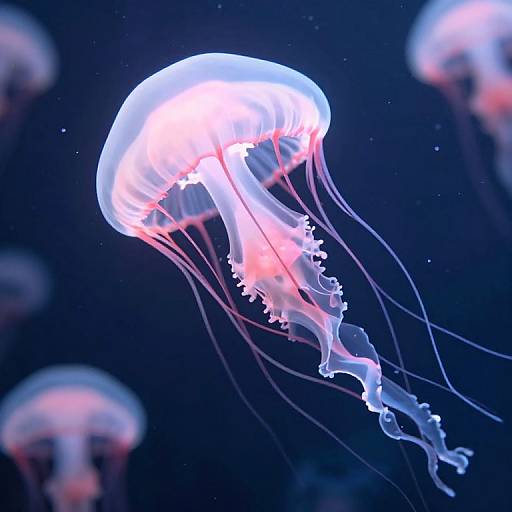 Photograph of a glowing, translucent jellyfish with pink and white hues, floating in a dark blue ocean, surrounded by blurred jellyfish in the background