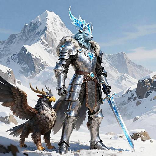 Digital artwork of a blue-horned, armored warrior with icy crown, holding a glowing blue sword, standing beside a griffin in snowy mountain landscape