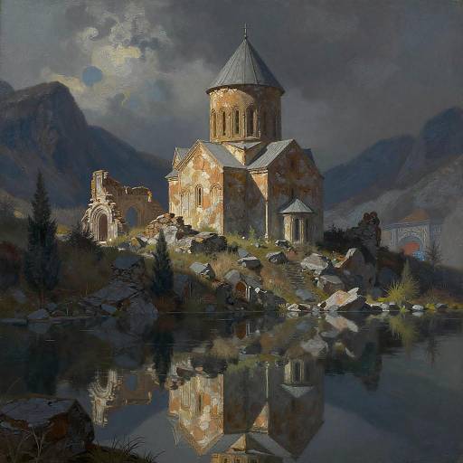 Ruined Mountain Church Reflected in Lake