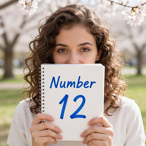 Young Woman with Notebook in Cherry Blossoms