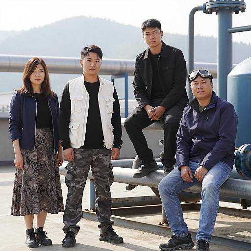 Casual Group Photo Near Industrial Equipment