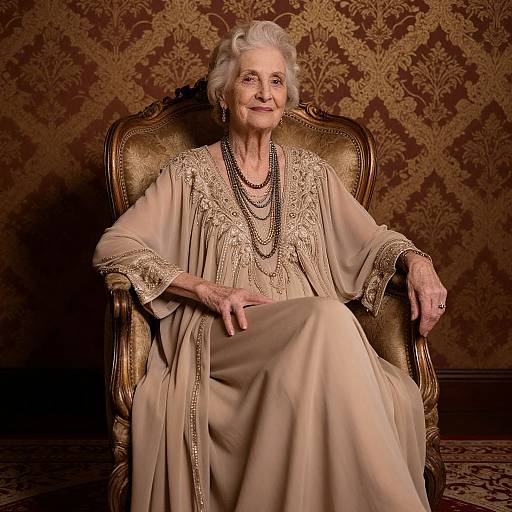 Photograph of an elderly white woman with short white hair, wearing an ornate beige dress and multiple necklaces, seated in an ornate gold chair