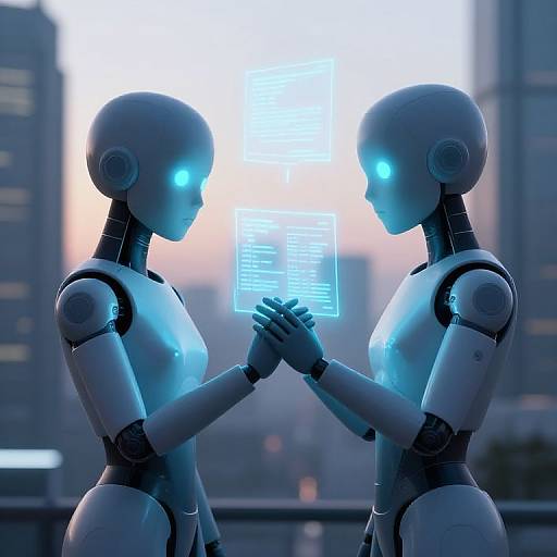 CGI image of two futuristic, blue-lit robotic humans standing face-to-face, hands clasped, holding a glowing holographic screen, against a