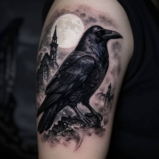 Tattoo of a detailed black crow perched on a rocky ledge under a full moon, with Gothic-style church spires in the background. Mon