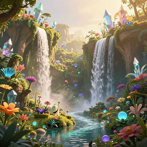 Vibrant digital fantasy landscape: twin waterfalls cascade into a luminous river, surrounded by colorful flowers, glowing orbs, and bioluminescent