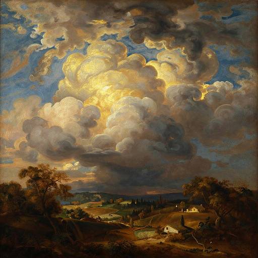 Baroque-style painting of a dramatic, golden-lit sky with massive, textured clouds over a rural landscape with trees, houses, and fields.