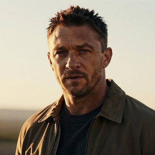 Photograph of a rugged, dirty-faced man with spiked brown hair, beard, wearing a dark jacket, backlit by a bright sunset.