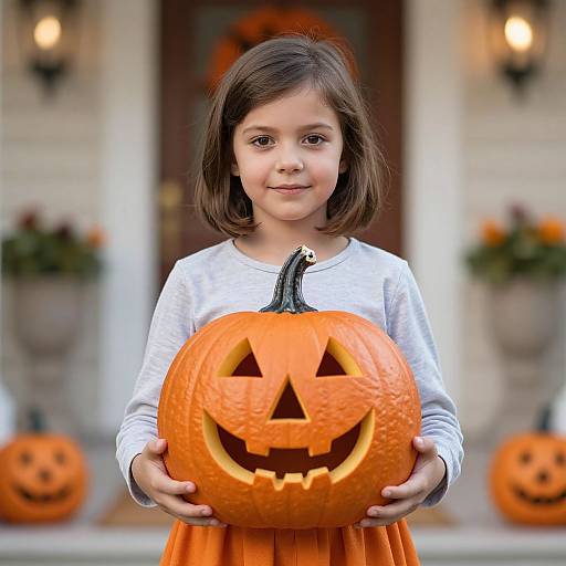 Photograph of a young girl with brown hair in a white long-sleeve shirt and orange dress, holding a carved pumpkin with a smiling face,
