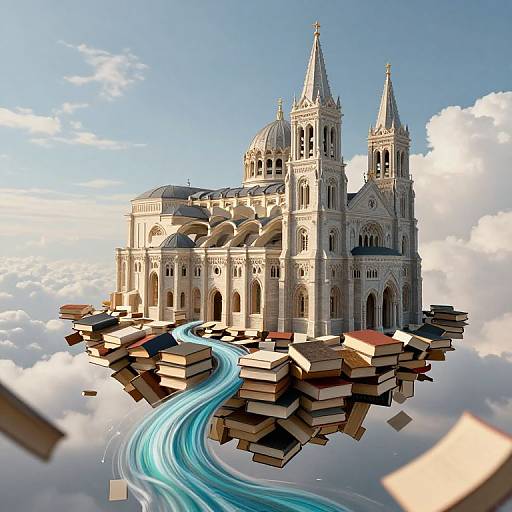 Digital artwork of a floating Gothic cathedral with twin spires, surrounded by floating books and a blue, winding stream amidst clouds.