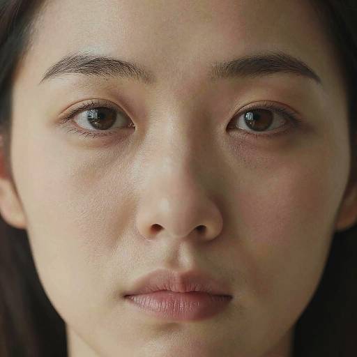 Close-up photograph of a young Asian woman with fair skin, dark brown eyes, and slightly parted lips, looking directly at the camera. Her smooth skin