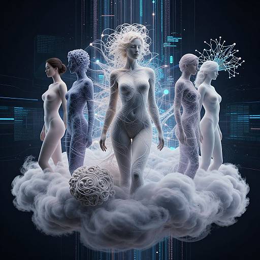 Digital art: Five ethereal, nude women with intricate wireframe patterns, standing on a cloud, surrounded by neon blue lights and circuitry.