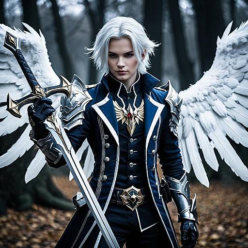 Digital artwork of a white-haired, stern-faced angelic warrior with white wings, black and gold armor, and a sword, standing in a dark,