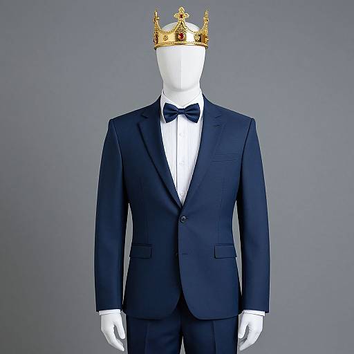 Photograph of a white mannequin head wearing a black tuxedo with a black bow tie and golden crown, against a grey background.