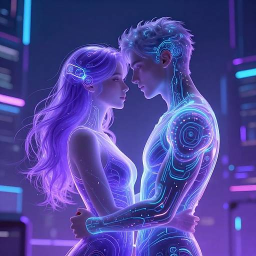Digital art of a glowing, neon-lit, futuristic couple, with holographic patterns on their bodies, standing closely in a cyberpunk cityscape.
