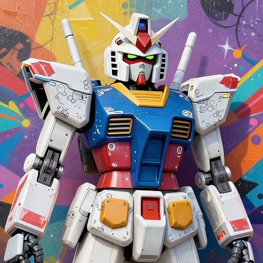 Gundam Robot Model with Colorful Graffiti Background