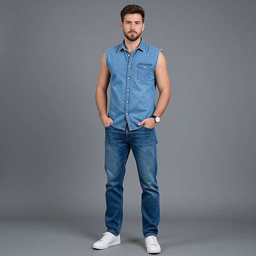 Photograph of a bearded man with short dark hair, wearing a sleeveless blue denim shirt, blue jeans, and white sneakers, standing against a