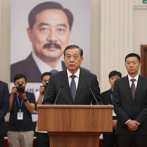 Asian Man Speaking at Podium with Banner in Background