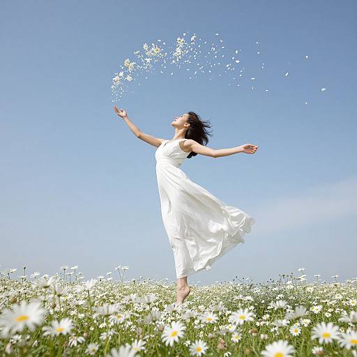 Photograph of a woman in a flowing white dress, dancing in a sunlit field of daisies, scattering petals with a joyful outstretched