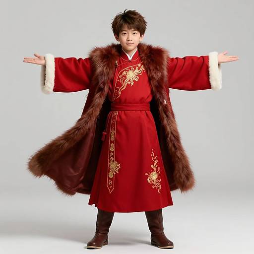 Asian Boy in Embroidered Red Robe