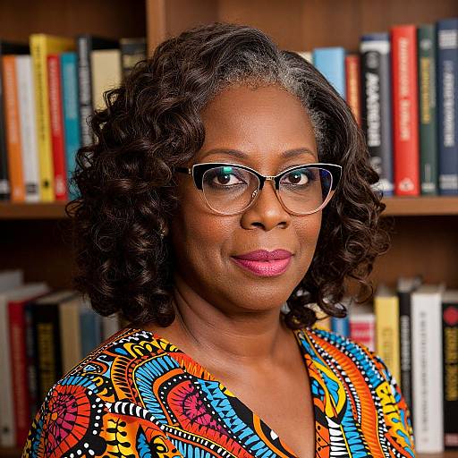 Photograph of an African-American woman with curly black hair, wearing large glasses and a vibrant, patterned blouse, standing in front of a bookshelf