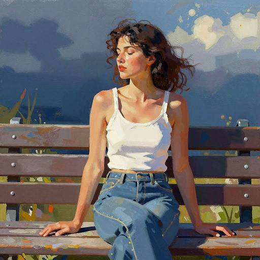 Expressive Woman on Bench Illustration