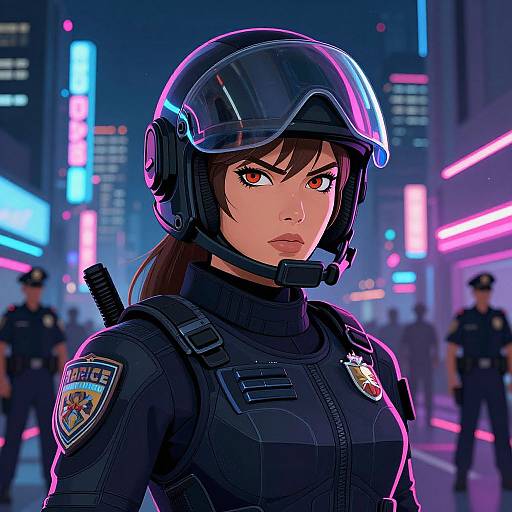 Digital artwork of a fierce, dark-haired female police officer in a neon-lit city, wearing a helmet and tactical gear, with glowing pink and blue