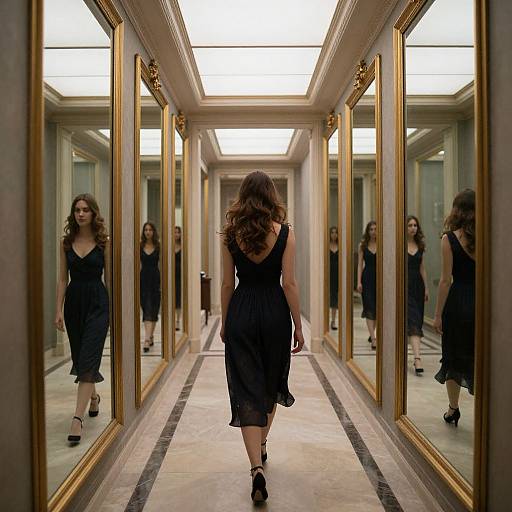 Photograph of a woman with wavy brown hair in a black dress and heels walking down a mirrored hallway, reflections multiplying her image.