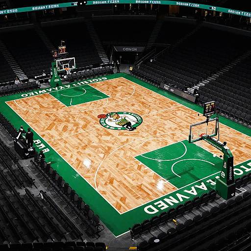 Aerial photograph of a brightly lit, empty basketball court with green and orange wood flooring, surrounded by dark, empty stadium seating.