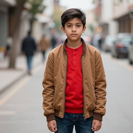 Boy in Red Shirt and Brown Jacket