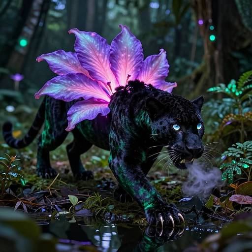 Digital fantasy artwork of a glowing, black panther with neon purple, butterfly-like wings, prowling through a dark, enchanted forest.