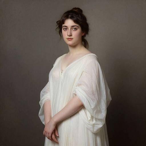 Photograph of a fair-skinned woman with dark, curly hair in a loose updo, wearing a flowing white, off-shoulder dress,