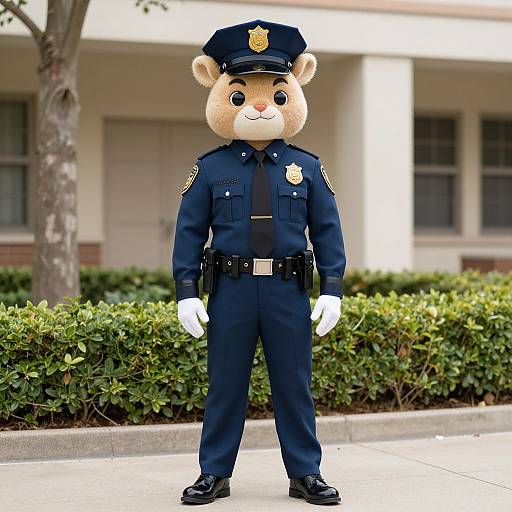 Photograph of an anthropomorphic teddy bear in a blue police uniform, complete with hat, badge, gloves, and belt, standing on a sidewalk