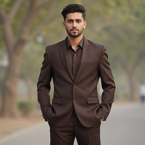 Photograph of a handsome, dark-haired man with a trimmed beard, wearing a dark brown suit, standing with hands in pockets, on a tree-lined