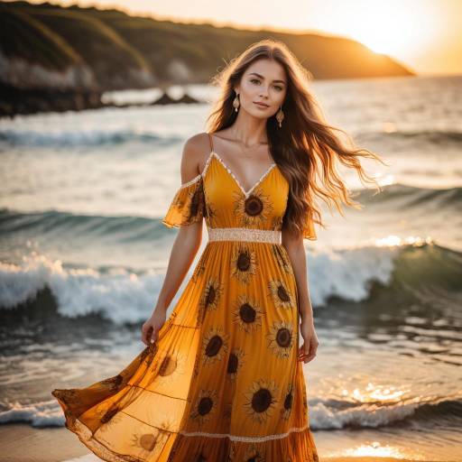 Woman in Sunflower Maxi Dress at Ocean Sunset