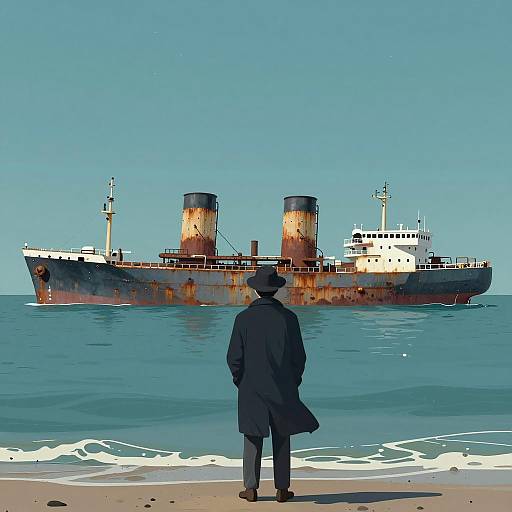 Mysterious Seafarer by Rusty Ship