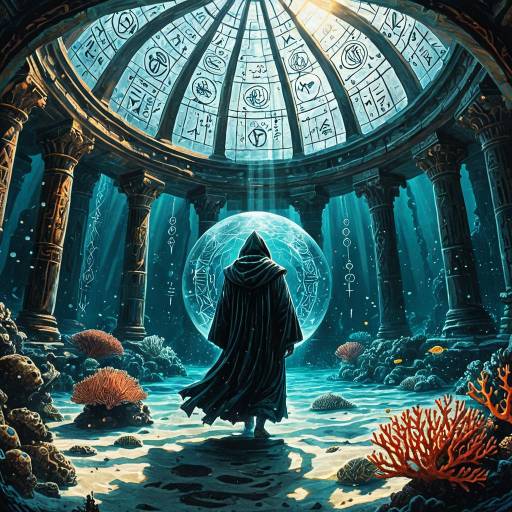 Hooded Monk Approaching Glass Dome Underwater