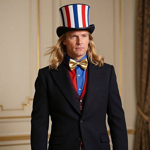 Photograph of a blonde man with long hair, wearing a black suit, blue shirt, red vest, gold bow tie, and a tall top hat