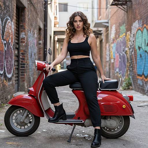 Photograph of a curly-haired woman in a black crop top and high-waisted pants, sitting confidently on a red vintage scooter in a graffiti-covered