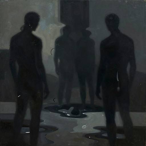 Digital painting of dark, shadowy silhouettes of four people standing in a dimly lit room with a reflective, glossy floor.