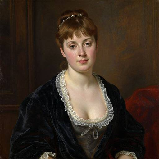Oil painting of a fair-skinned, brown-haired woman with a headband, wearing a black velvet dress with white lace trim, against a dark background