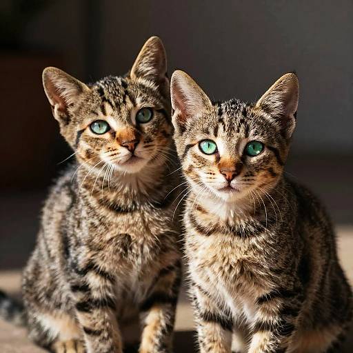 Photograph of two tabby kittens with striking green eyes, sitting closely together, displaying distinct black and brown striped fur patterns.
