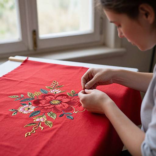 Photograph of a woman with fair skin and brown hair, sewing a vibrant red fabric with detailed, colorful floral embroidery.