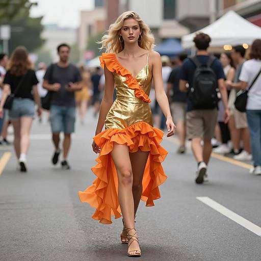 Blonde model in gold and orange ruffled dress walking in urban street