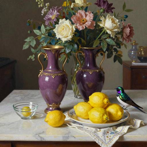 Ornate Purple Vases and Lemons Still Life