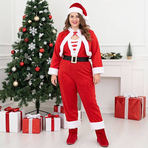 Photograph of a smiling woman in a red Santa outfit standing in front of a decorated Christmas tree with red and white gifts.